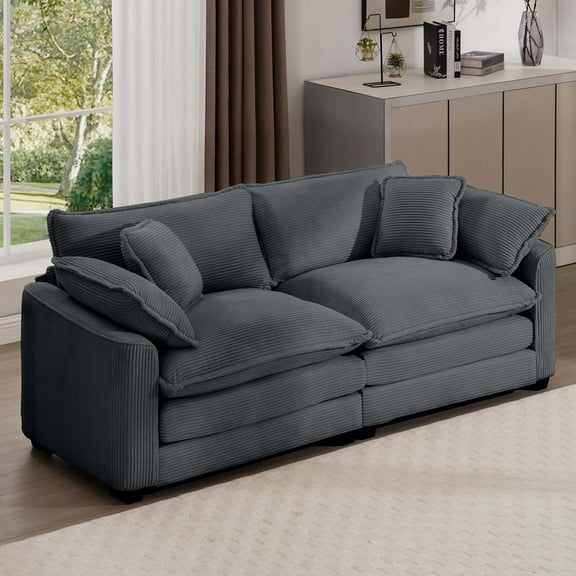 Modern Grey Corduroy Sofa: Plush 2-Seater Loveseat for Living Room, Deep Seating Comfort with 4 Pillows, Stylish Upholstered Furniture