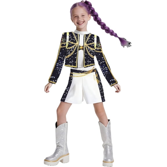KIBOO Girls Pop Idol Halloween Costume, Stage Costume with Jacket Top and Pants, 3-Piece Pop Star Singer Performance Outfit
