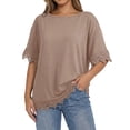 thumbnail image 2 of Women'S Summer Tops Oversized Short Sleeve Shirts Casual Loose Lace Patchwork T-Shirt Outfits Khaki S, 2 of 7