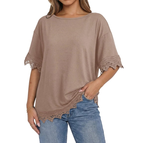 Gynyvoja Women'S Summer Tops Oversized Short Sleeve Shirts Casual Loose Lace Patchwork T-Shirt Outfits Khaki XXL