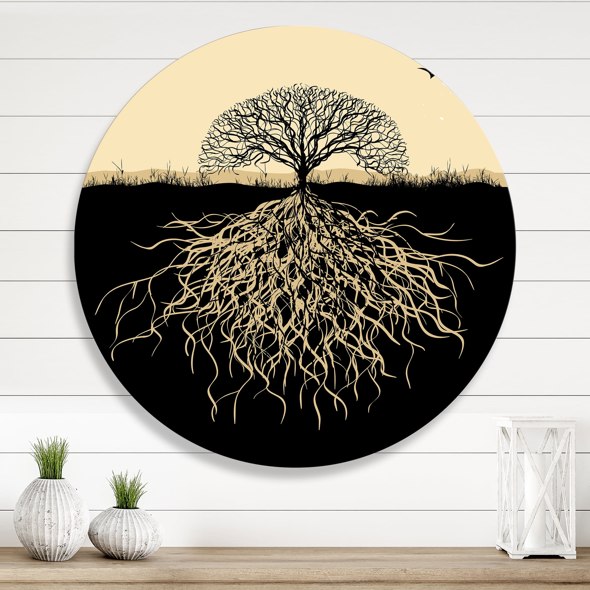 Designart 'Tree Silhouette With Underground Roots' Traditional Circle Metal Wall Art 23x23 - Disc of 23