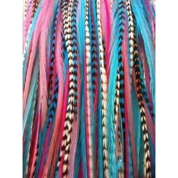 Sexy Sparkles Gorgeous Light Pink Grizzly ,Turquoise, blue, White & Original Grizzly Feather for Hair Extension - 5 Feathers