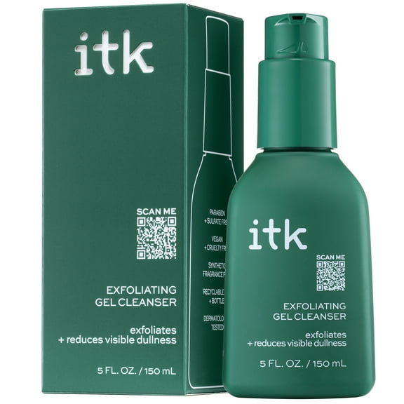 ITK Skincare Exfoliating Gel Face Wash Cleanser with Spirulina Extract for All Skin Types, 5 oz