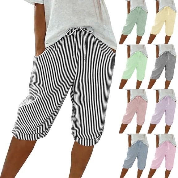 oelaio Shorts for Women Knee Length Striped Bermuda Shorts Summer Casual Elastic Waist Drawstring Short Pants with Pockets Black L