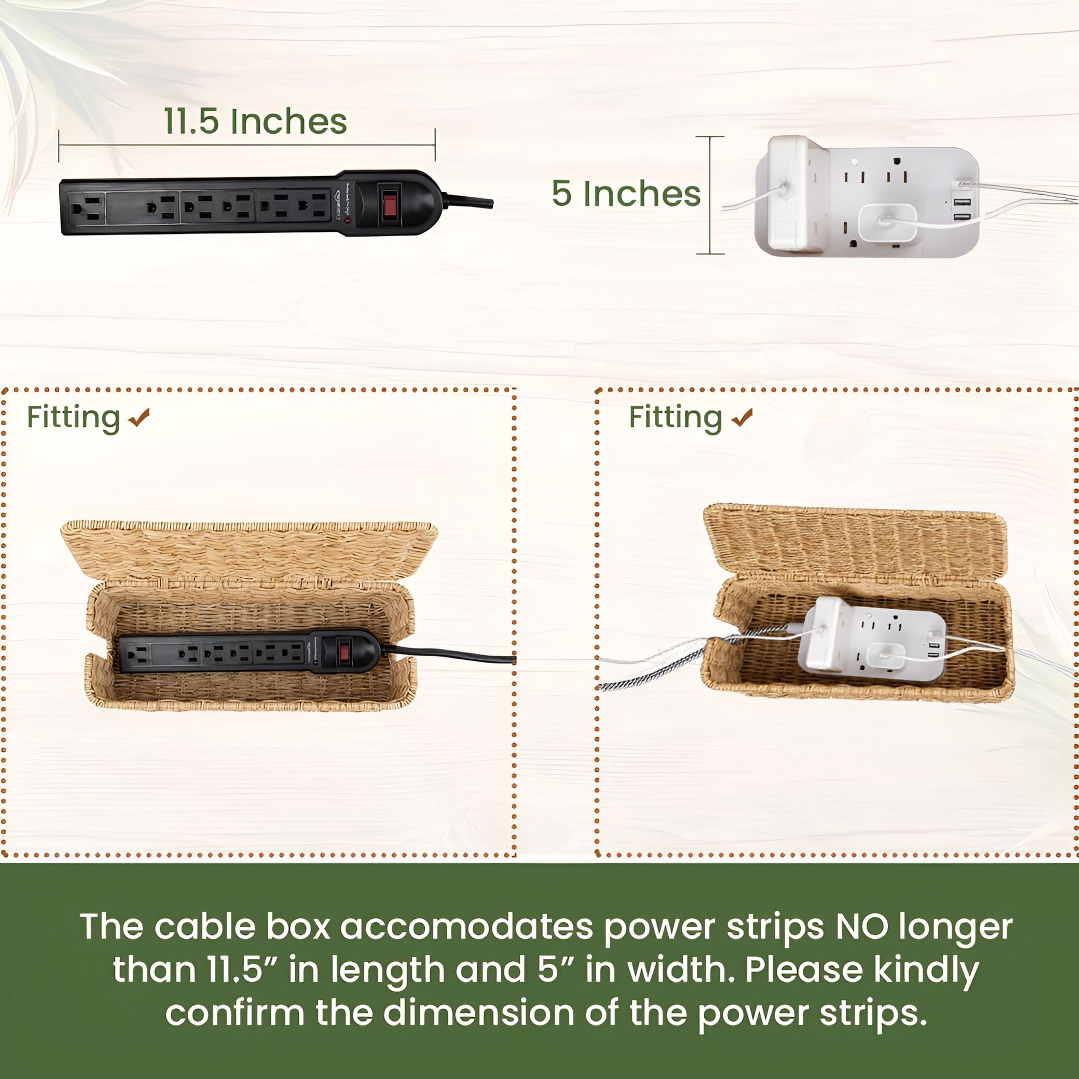 CCOCC Cable Management Box,Handmade Rattan Cable Organizer with 2 Open Slots,Cord Hider for Power Strip,Router & USB Hub,13" x 5.1" x 5.1",Natural
