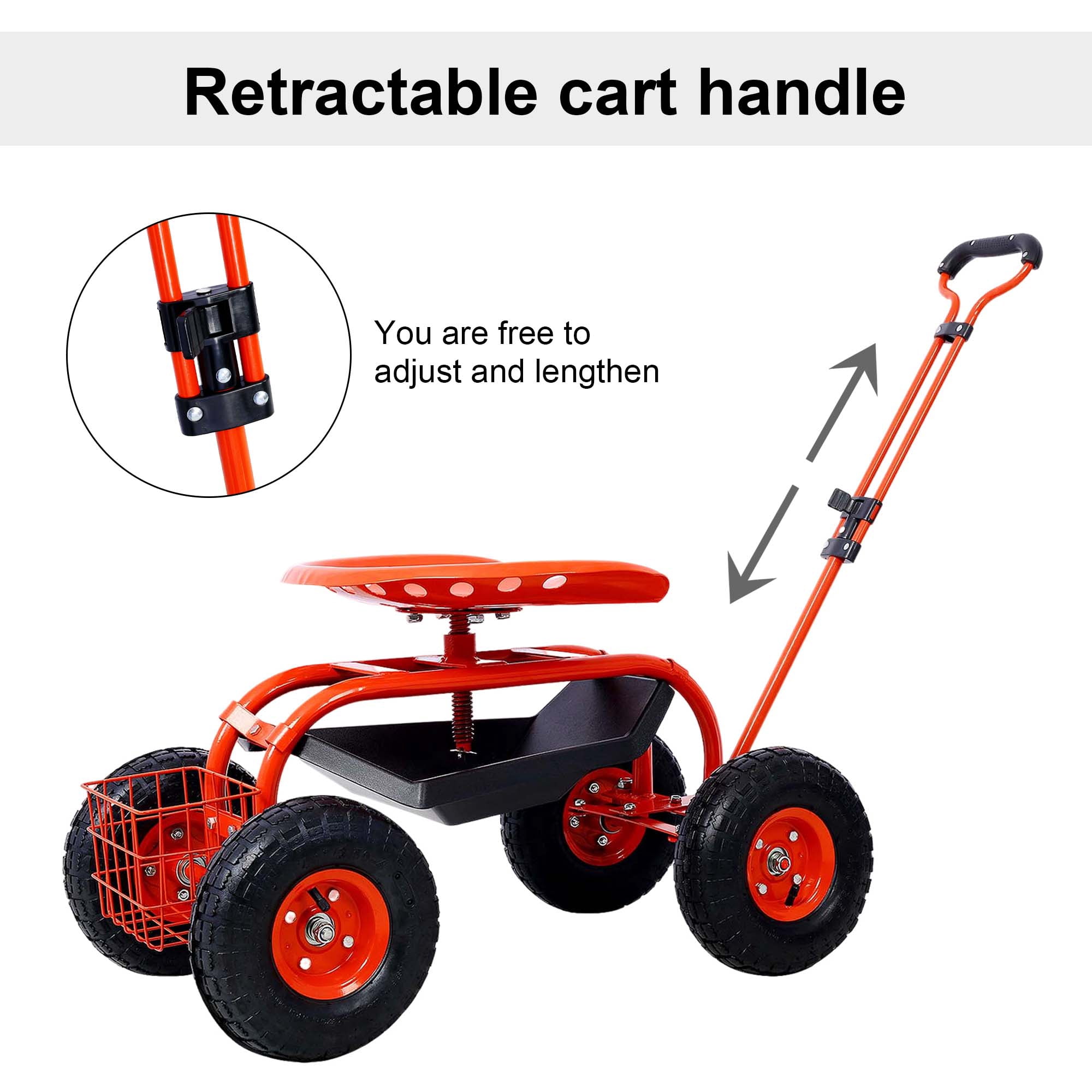 Aukfa Rolling Garden Cart Scooter with Swivel Seat, Wheels, and Tool Tray - Red
