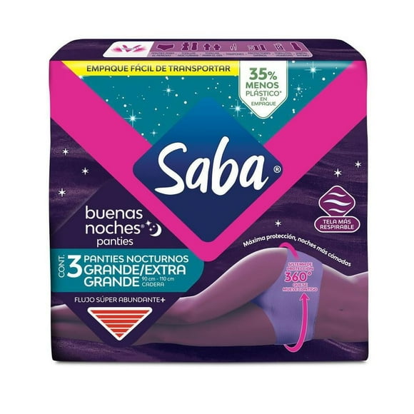 Panties nocturnos Saba Buenas Noches grande/extra grande flujo súper abundante 3 pzas