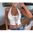 thumbnail image 4 of HLSOHJP Women's Halter PU Leather Crop Top Lace Up Bandage Criss Cross Eyelet Cropped Faux Leather Tank Camisole Shirt, 4 of 6