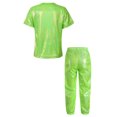 thumbnail image 2 of Sinleey Kids Hip Hop Outfits for Girls Boys Shiny Metallic Dance Tops and Sparkly Pants Trousers Set Fluorescent Green 130, 2 of 5