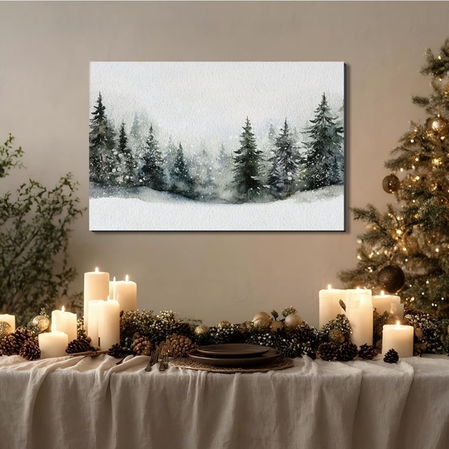 Framed Christmas Wall Art, Pine Tree Artwork Christmas Decoration Indoor, Rustic Landscape Snow Winter Forest Painting Canvas Print Wall Picture for Living Room Decor