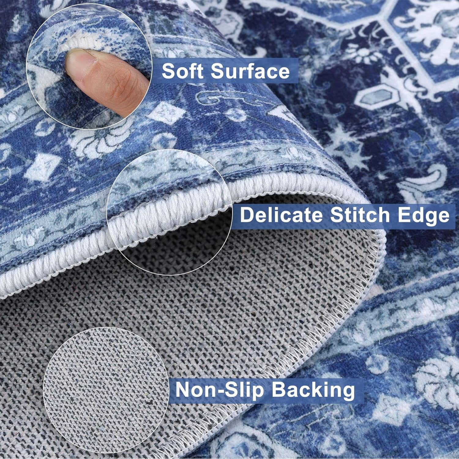 2'x8' Runner Rug for Hallway, Yamaziot Washable Blue Rug Runner with Rubber Backing, Non Slip Vintage Carpet Floor Mat for Bedroom Kitchen Laundry