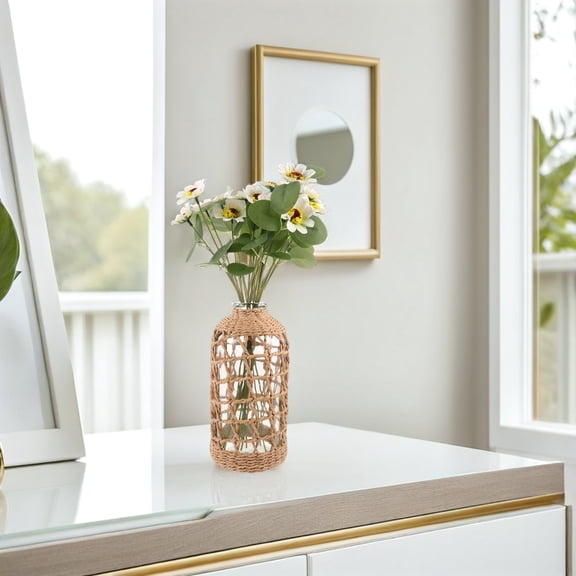 ETEREAUTY Boho Woven Glass Vase for Desktop Flower Arrangements, Home Decor, and Stylish Table Centerpiece