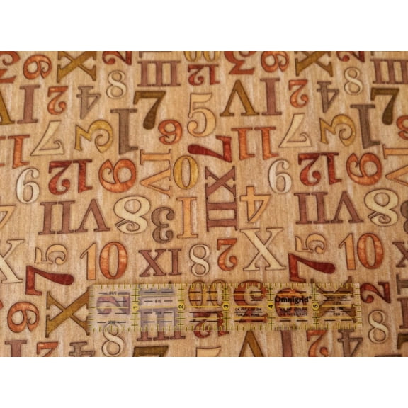 "Timeless" Clock Numbers Tan 100% Cotton Fabric Sold by The Yard