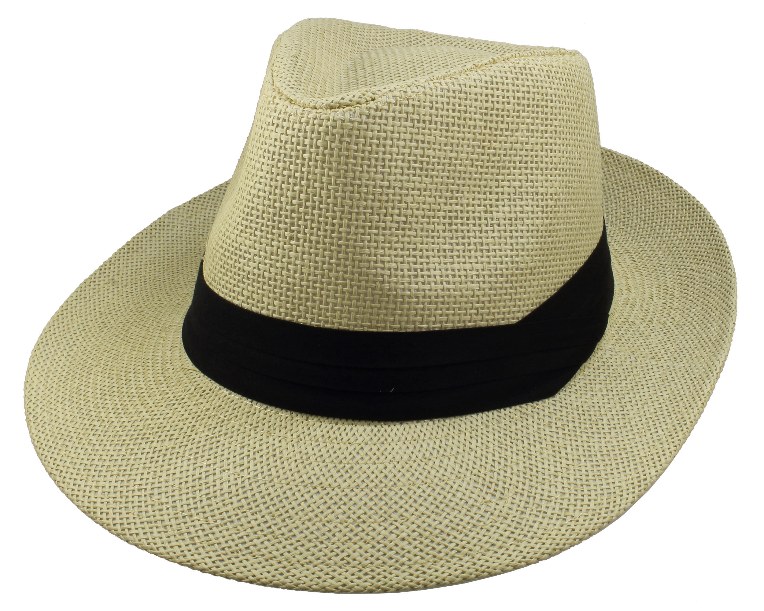 57cm Mens Fedora Natural Straw Wide Brim Black Band Summer Sun Hat Small