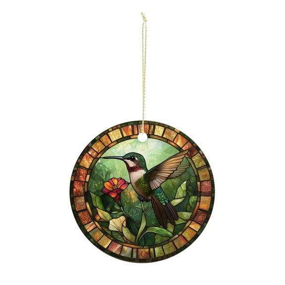 Stained Glass Hummingbird Christmas ornament, Christmas decoration, holiday present idea, heirloom keepsake, round ceramic, gift Exchange, bauble present, gift idea