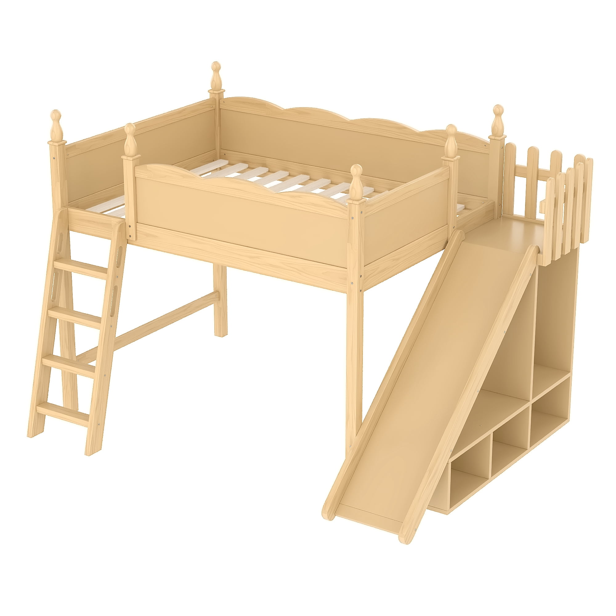 Leumius Full Loft Bed Frame with Storage Shelves and Wardrobe, Solid Wood Loft Bed with Detachable Slide and Ladders for Kids Teens Adults Natural
