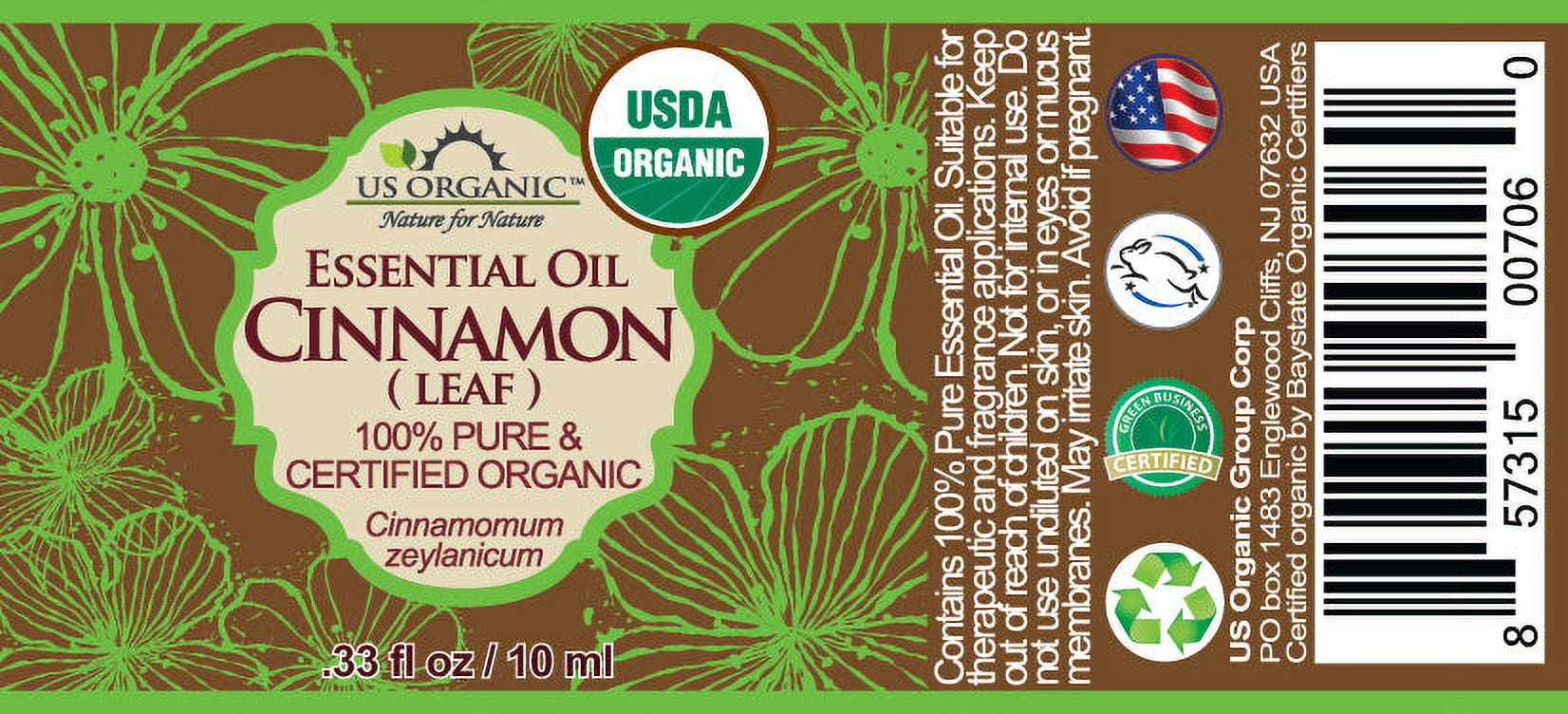 US Organic Cinnamon Leaf Essential Oil, 100% Pure Certified USDA Organic