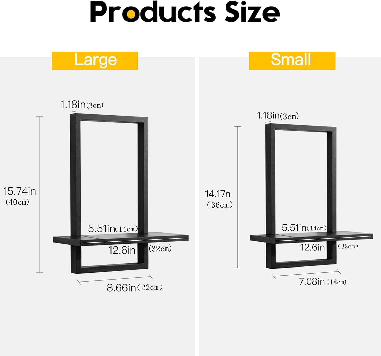Square Floating Shelves,Wall Plants Holder,Bathroom Wall Decor,Framed Decorative Shelf Black,Modern Chic Set of 2 for Living Room Bedroom Home Office,Soild Wood,L+S