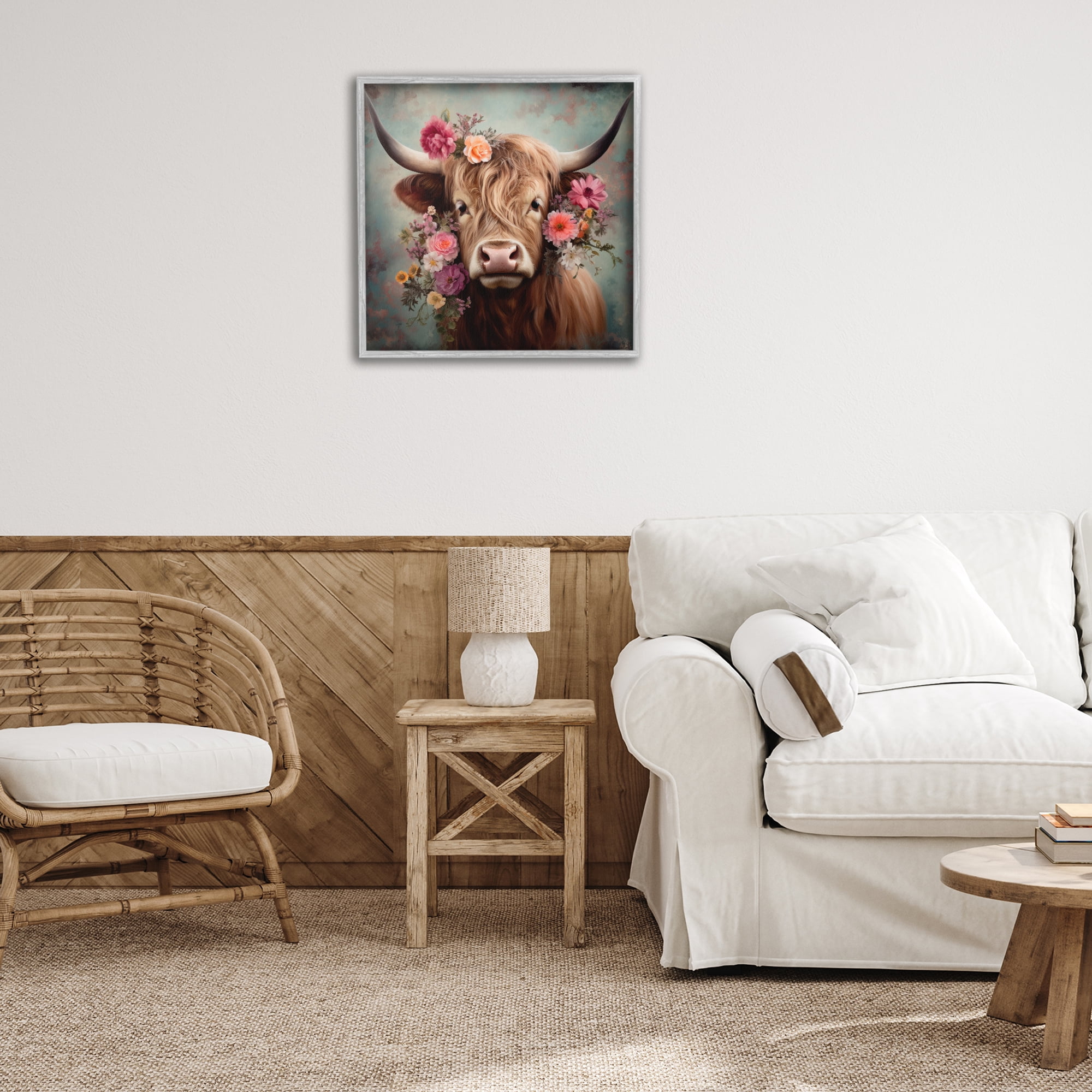 Stupell Industries Cattle with Gerbera Daisies Animals & Insects Painting Gray Framed Art Print Wall Art, 24 x 24