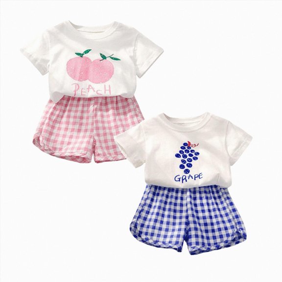 Gerichy Girls Short Sleeve Shorts Suit Fashion Cartoon Fruit Plaid Print Children 4-Piece Outfits Tops Elastic Shorts Pants Set 4PCS Dailywear Sets