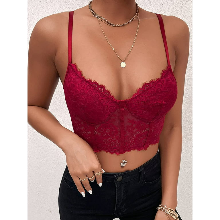 SheIn Women's Lace Casual Camisole Cami Crop Tank Tops Lingerie Bustier  Spaghetti Strap Crop Top 