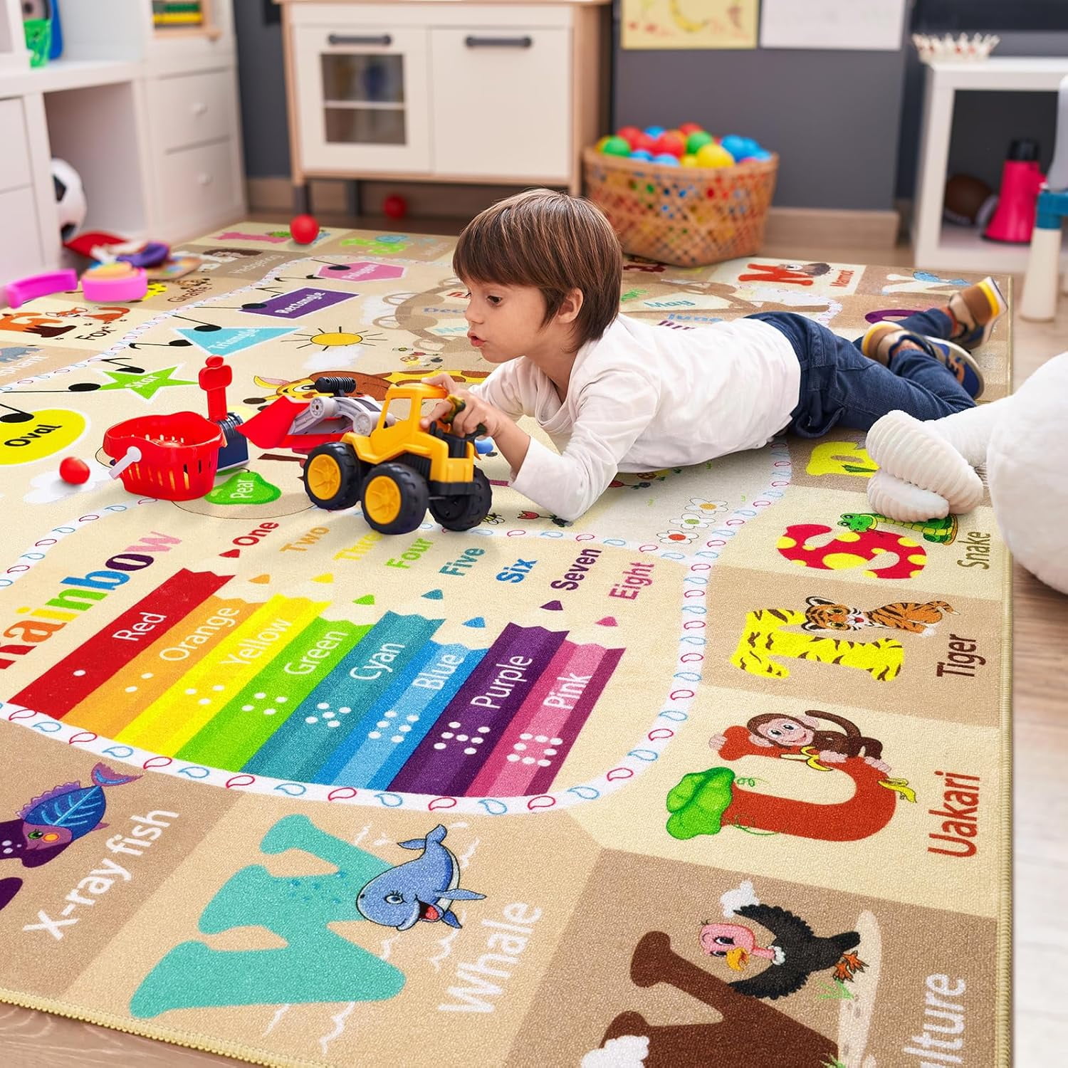 Noahas Playroom Rug Daycare Kids Rug 6x9,Educational and Fun Nursery Rug with ABC Alphabet Animals Classroom Rug Washable Kids Play Mat Baby Toddler Children Boys Rugs for Bedroom,Beige