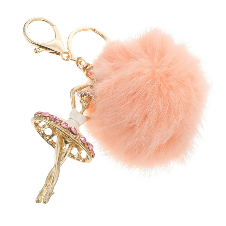 Lovely Crystal Ballet Girl Keychains Dancing Angel Fluffy Puff Ball Pendant  Fur Key Chain Car Styling Bag Jewelry Pompom Keyring (Pink)