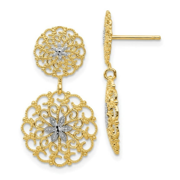 Primal Gold 14 Karat Yellow Gold and Rhodium Diamond-cut Filigree Medallion Drop Post Earrings