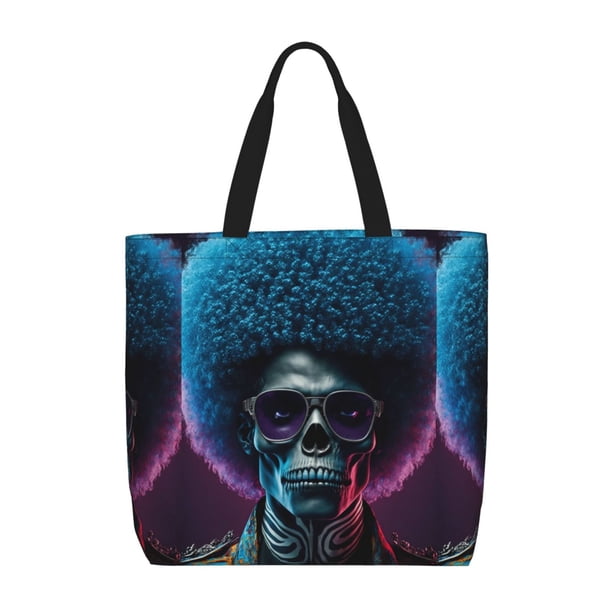 Fotbe Punk Style Blue Haired Skull Bolsa Tote con Estampado para Mujer, Bolsos con Cremallera, Bolsa de Hombro Casual de Gran Capacidad con Bolsillos Internos