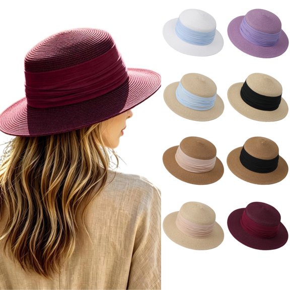 SGMVNU Fashion Sun Hats for Women, Wide Brim Retro Flat Top Panama Boater Straw Hats Vacation Beach Hat Packable, One Size, Red