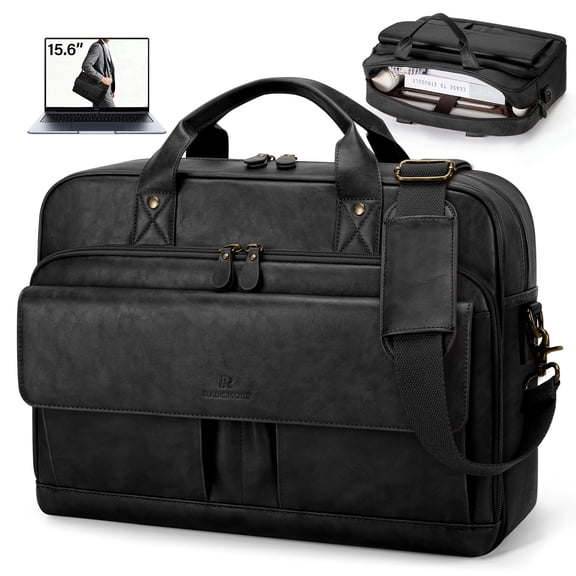 RAINSMORE Mens Messenger Bag 15.6 Inch Laptop Bag PU Leather Briefcase Vintage Computer Satchel Bag for Work Business,Black