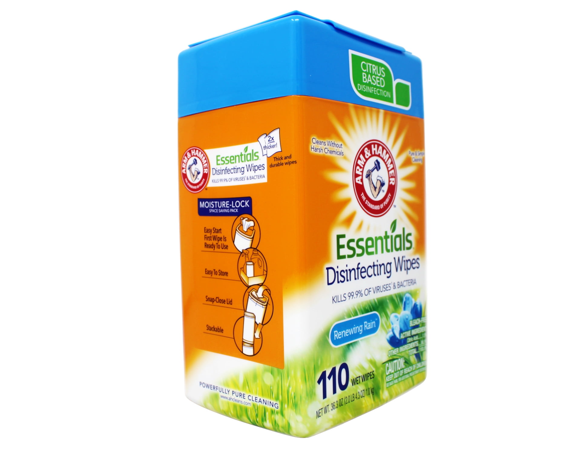 Arm & Hammer Essentials Disinfecting Wipes, Renewing Rain Scent 110Ct, Bleach-Free, Kills 99.9% of Viruses & Bacteria - 4 Pack
