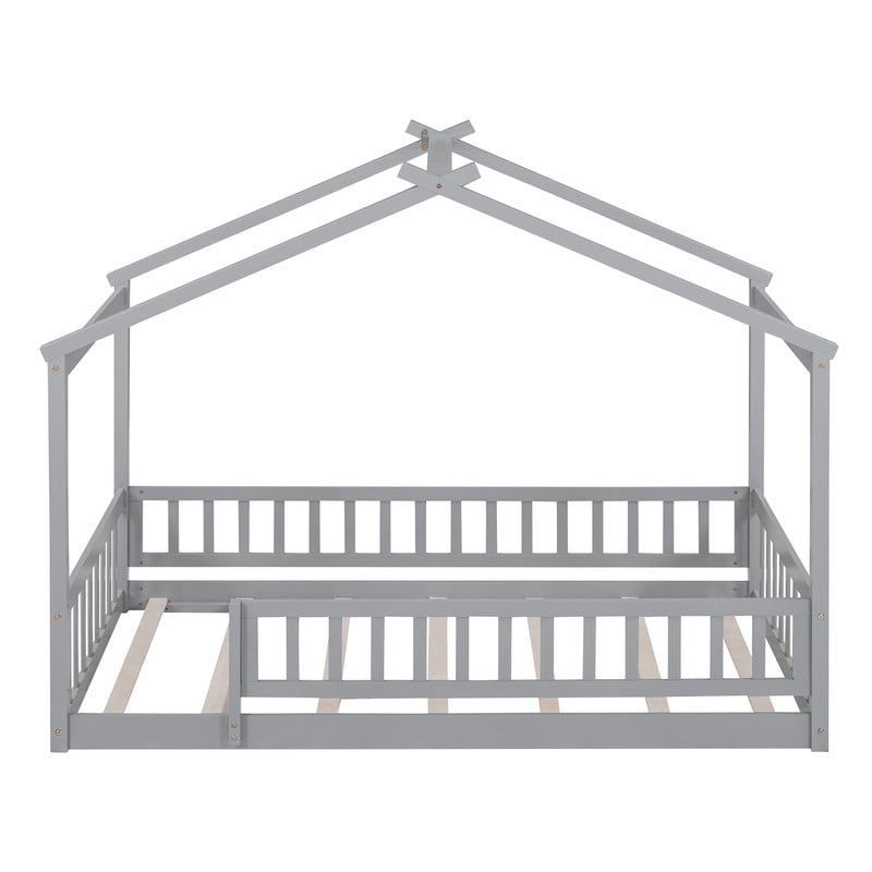 Twin Size Wood House Bed Floor Bed with Fence and Guardrails, Kids Playhouse Bed Toddler Bed Montessori Bed for Kids Boys Girls, No Box Spring Needed
