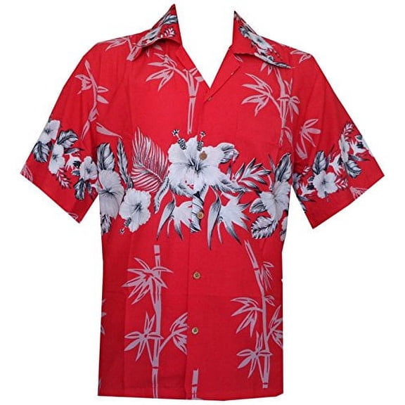 Hawaiian Shirt 35 Mens Bamboo Tree Print Beach Aloha Party Holiday Red XL