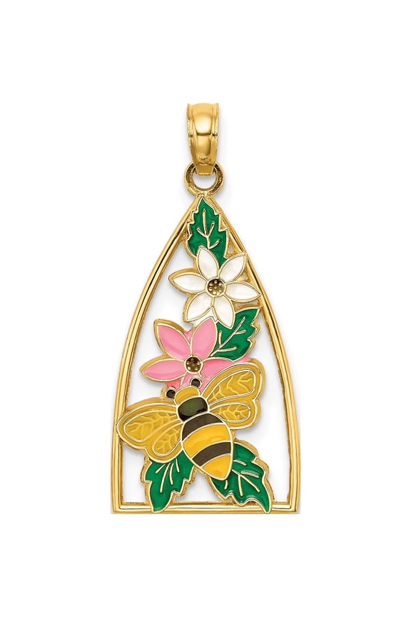 14K Yellow Gold Enameled Bumblebee And Flowers Triangle Charm (29.6 X 13.7) Made In United States k6837