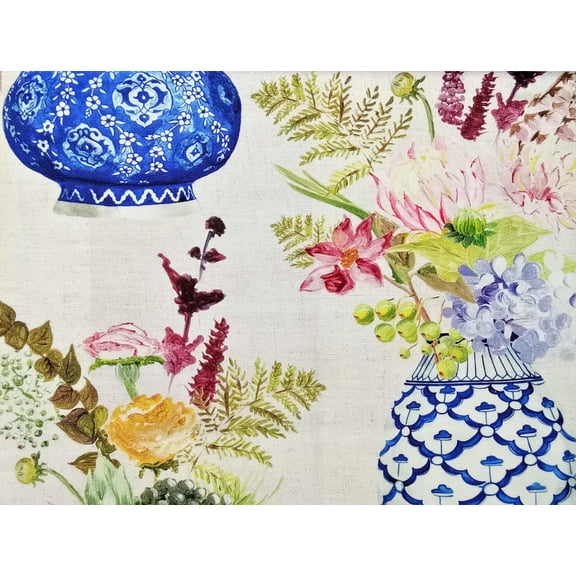 Fabric Mart Direct Cobalt Blue 100% Cotton Fabric By The Yard, 54 inches or 137 cm width, 3 Continuous Yards Blue Cotton Fabric, Flower Vase, Upholstery Drapery Curtain Wholesale Fabric