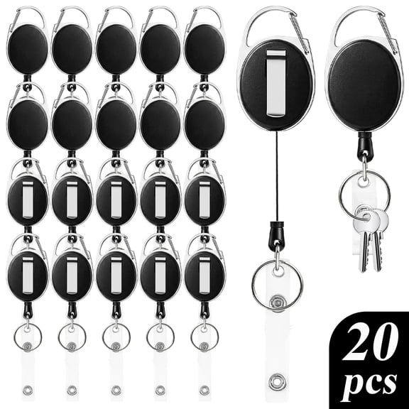 Topsome 20 Pack Badge Reel, Retractable ID Badge Holder Keychain with Carabiner Clip, Reel Badge Retractable Key Holder Bulk for Office Work Employee, Nurses, Teachers, Black