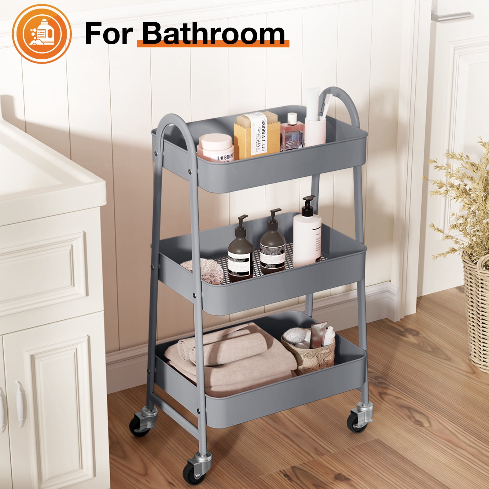 3-Tier Rolling Metal Storage Cart with Locking Casters, Utility Organizer for Kitchen, Bathroom, Laundry, and Office