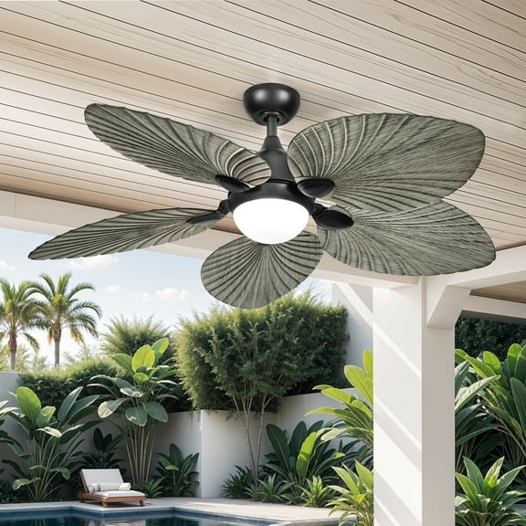 ModFusion 52" Gray Black Coastal Ceiling Fan with Palm Leaf Blades, LED Light & Remote – Quiet Reversible DC Motor Indoor/Outdoor