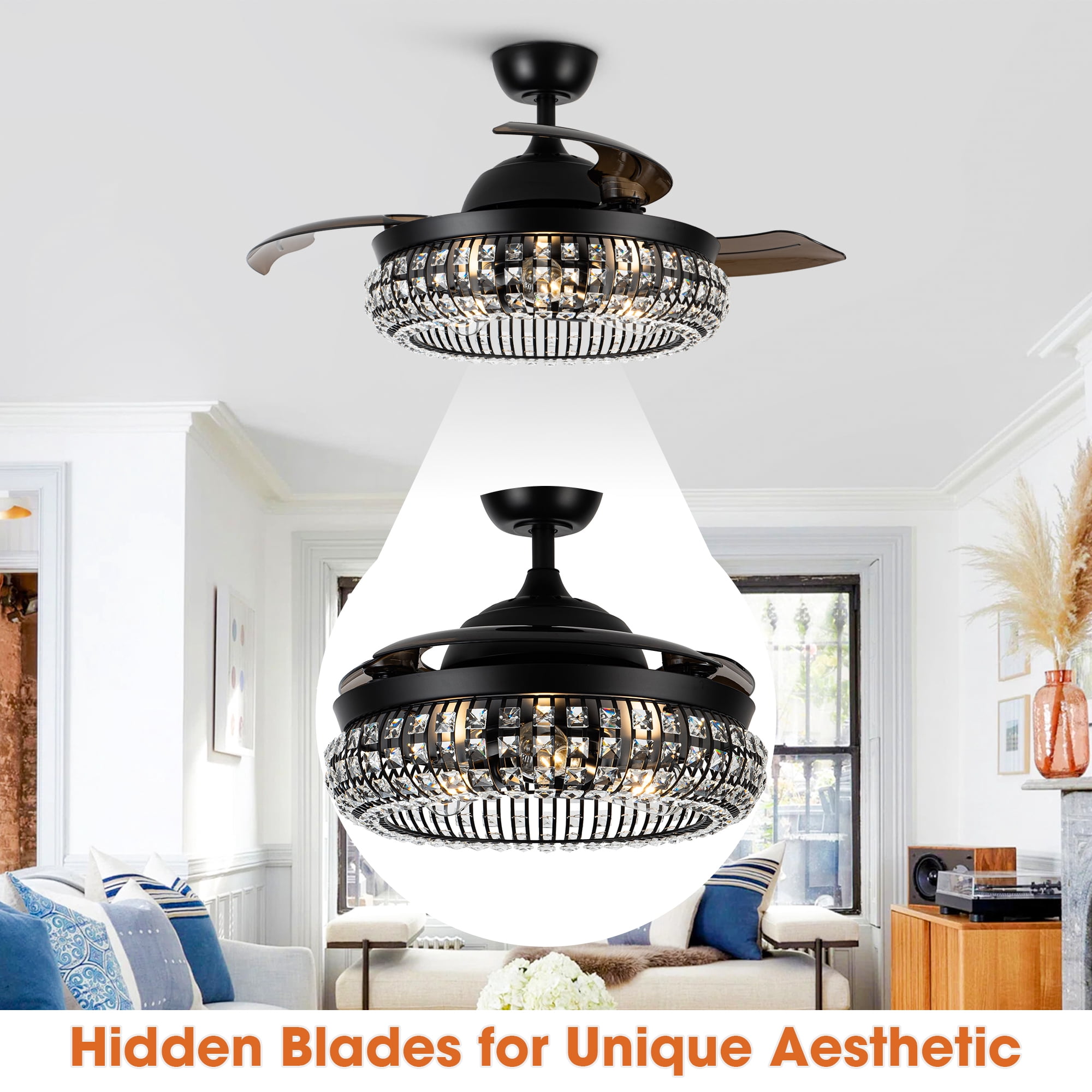 Parrot Uncle Ceiling Fan with Lights and Remote 42 inch Modern Crystal Ceiling Fan with Light 3 Bulbs Not Included, Black