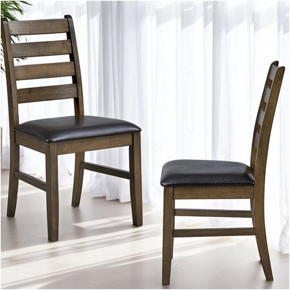 Brown Faux Leather and Wood Dining Side Chairs, Set of 2 Contemporary Padded Seat Kitchen Accent Chairs