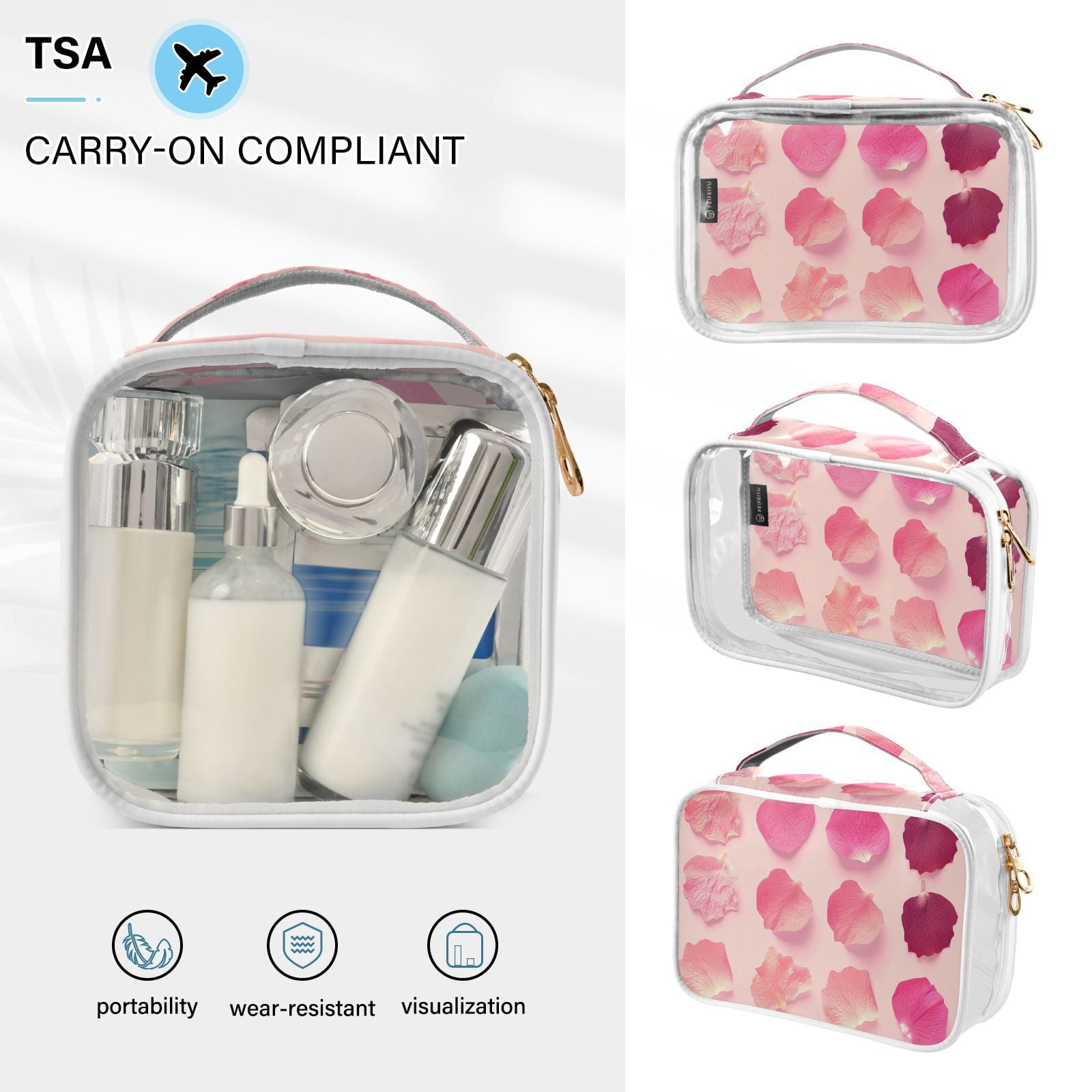 Clear Makeup Bags with Handle Large Opening 2 Pack Set Toiletry Bag Quart Size Bag, for Women Man Traveling Travel Essentials, Toiletries and Other. Flowers Pink Bloom Pattern