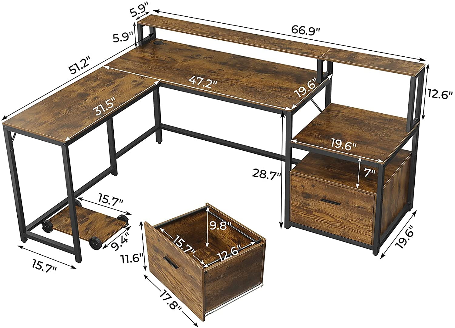 Buy Sedeta L Shape Desk with Hutch, Storage and File Drawer, 66