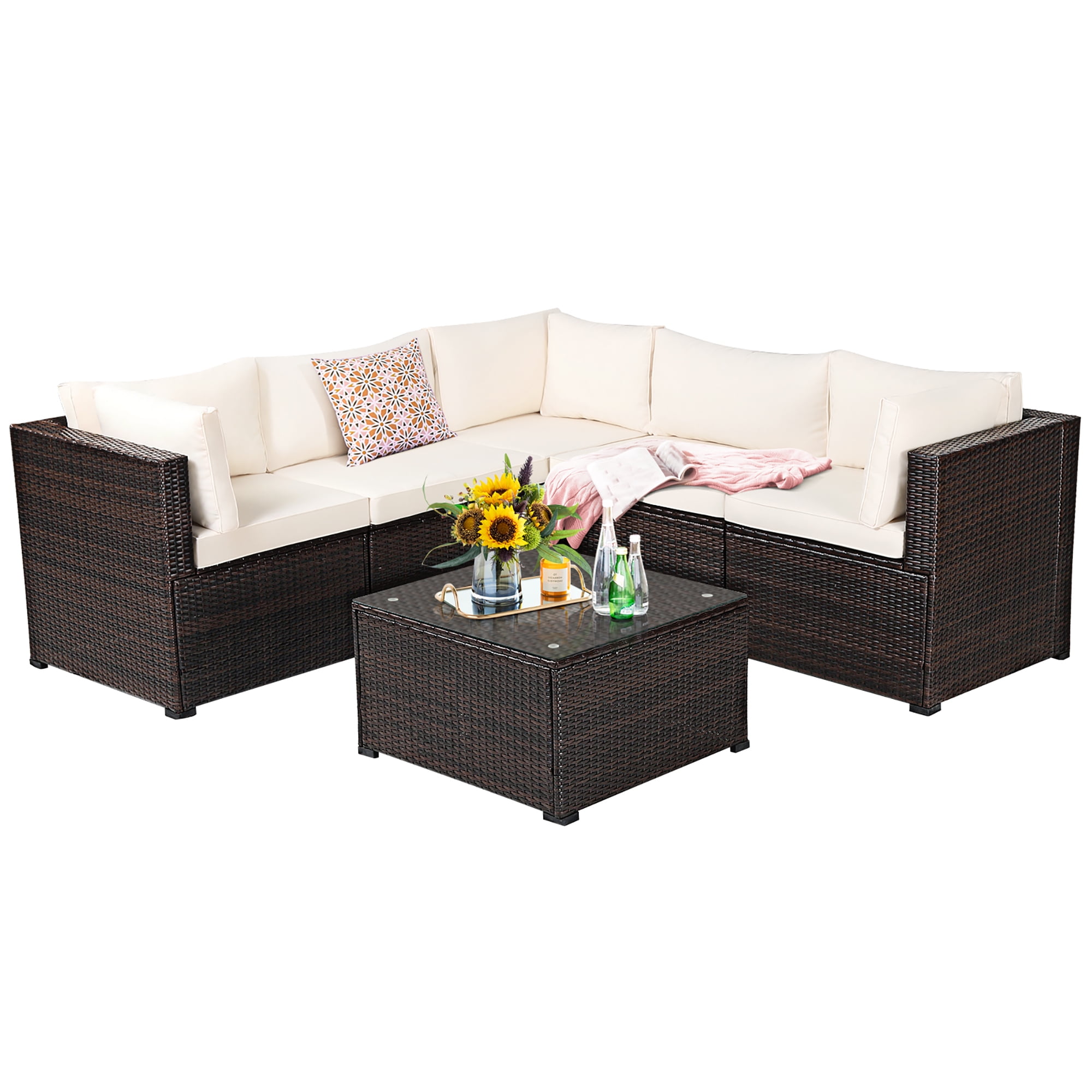Costway  6PCS Patio Rattan Furniture Set Sectional Cushioned Sofa Deck Beige