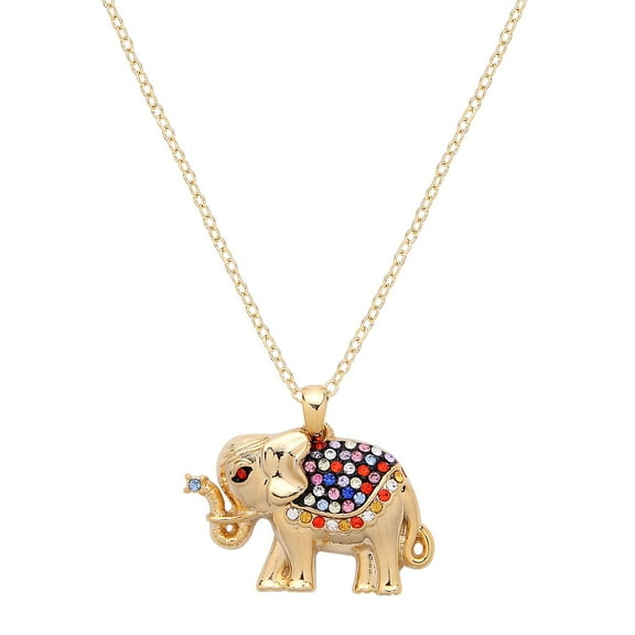 Elegant Gold Plated Lucky Elephant Crystal Rhinestone Pendant Necklace, High Polished Finish - J1227