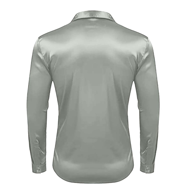 Men's Luxury Shiny Silk Like Satin Dress Shirt Long Sleeve Casual Slim Fit  Muscle Button Up Shirts Gray XXL - Walmart.com