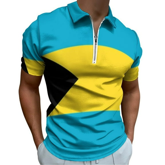 Bahamas Flag Men Zipper T-shirt Summer Casual Short Sleeve T-shirt Top