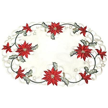 

Doily Boutique Christmas Placemat or Doily with Large Red Poinsettia Flowers on Antique White Fabric Size 27 x 13 inches