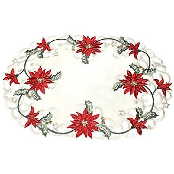 Doily Boutique Christmas Placemat or Doily with Large Red Poinsettia Flowers on Antique White Fabric, Size 27 x 13 inches