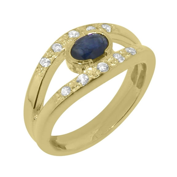 LBG British Made 14k Yellow Gold Natural Sapphire & Cubic Zirconia Womens Band Ring - 33 size options - Size 10